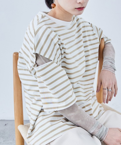Fashion Letter(ファッションレター)の「ボーダー カットアウト ビッグ5分袖Tシャツ(Tシャツ/カットソー・レディース・グリーン/ピンク/ベージュ/ブルー/ブラック・M)」の18枚目の写真