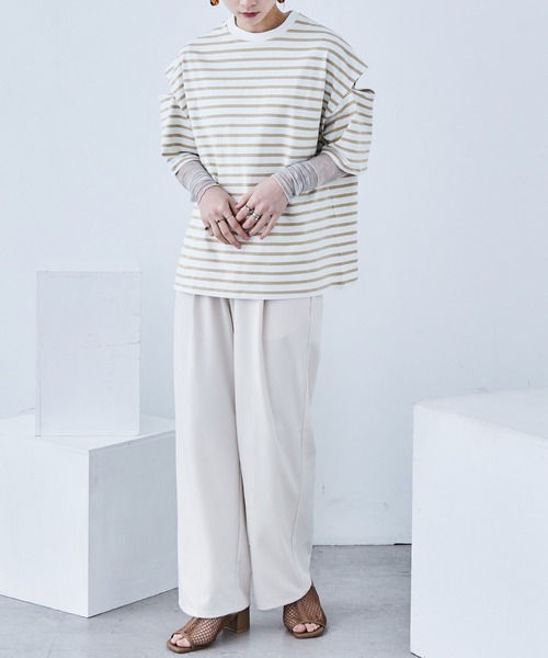 Fashion Letter(ファッションレター)の「ボーダー カットアウト ビッグ5分袖Tシャツ(Tシャツ/カットソー・レディース・グリーン/ピンク/ベージュ/ブルー/ブラック・M)」の19枚目の写真