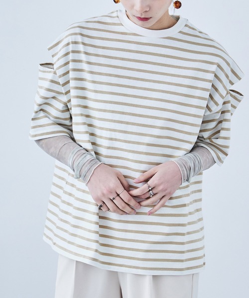 Fashion Letter(ファッションレター)の「ボーダー カットアウト ビッグ5分袖Tシャツ(Tシャツ/カットソー・レディース・グリーン/ピンク/ベージュ/ブルー/ブラック・M)」の20枚目の写真