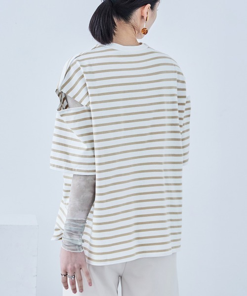 Fashion Letter(ファッションレター)の「ボーダー カットアウト ビッグ5分袖Tシャツ(Tシャツ/カットソー・レディース・グリーン/ピンク/ベージュ/ブルー/ブラック・M)」の21枚目の写真