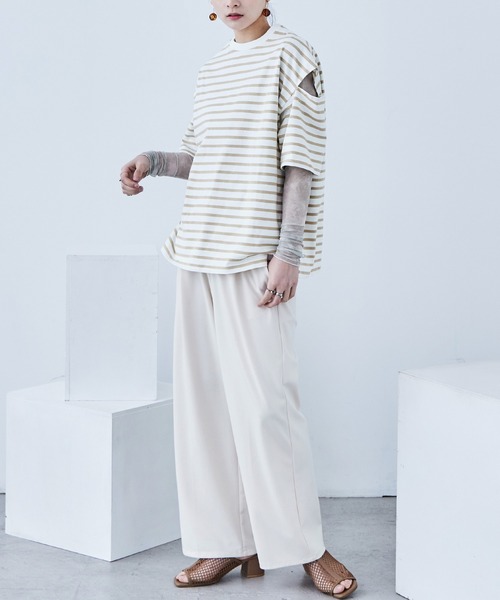 Fashion Letter(ファッションレター)の「ボーダー カットアウト ビッグ5分袖Tシャツ(Tシャツ/カットソー・レディース・グリーン/ピンク/ベージュ/ブルー/ブラック・M)」の22枚目の写真