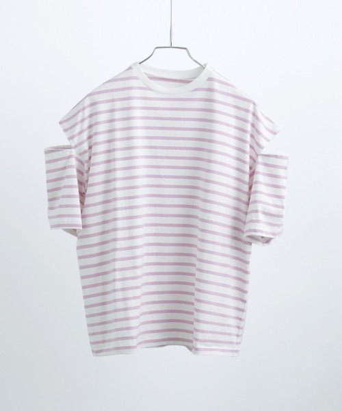 Fashion Letter(ファッションレター)の「ボーダー カットアウト ビッグ5分袖Tシャツ(Tシャツ/カットソー・レディース・グリーン/ピンク/ベージュ/ブルー/ブラック・M)」の6枚目の写真