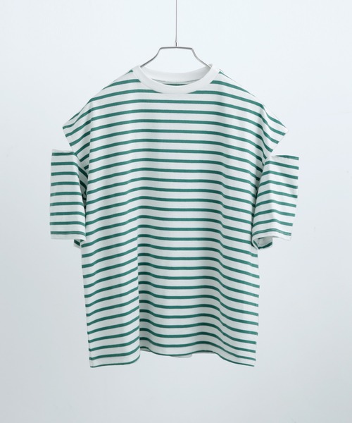 Fashion Letter(ファッションレター)の「ボーダー カットアウト ビッグ5分袖Tシャツ(Tシャツ/カットソー・レディース・グリーン/ピンク/ベージュ/ブルー/ブラック・M)」の7枚目の写真