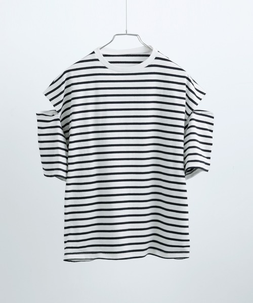Fashion Letter(ファッションレター)の「ボーダー カットアウト ビッグ5分袖Tシャツ(Tシャツ/カットソー・レディース・グリーン/ピンク/ベージュ/ブルー/ブラック・M)」の9枚目の写真