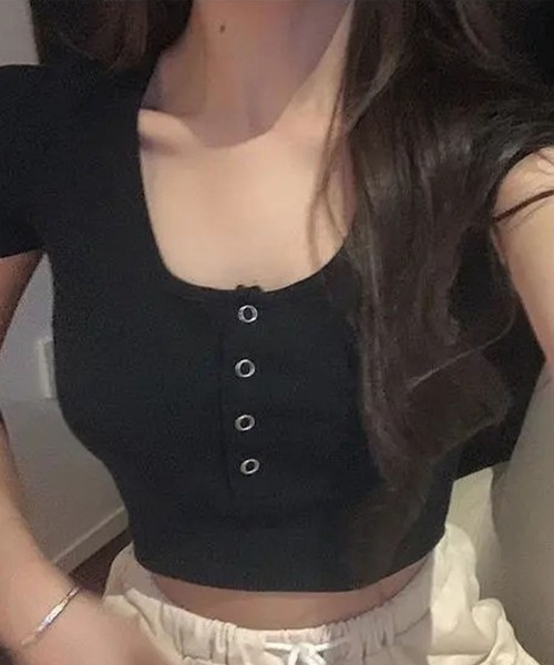 GLAMOROUS JANE（グラマラスジェーン）の「ヘンリーボタンショート丈半袖トップス（Tシャツ/カットソー・レディース・グレー/ブラック・S/M/L）」の5枚目の写真