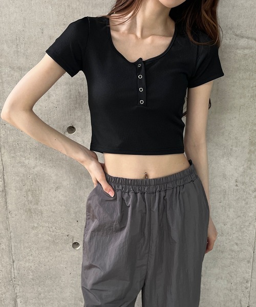 セール】ヘンリーボタンショート丈半袖トップス（Tシャツ/カットソー