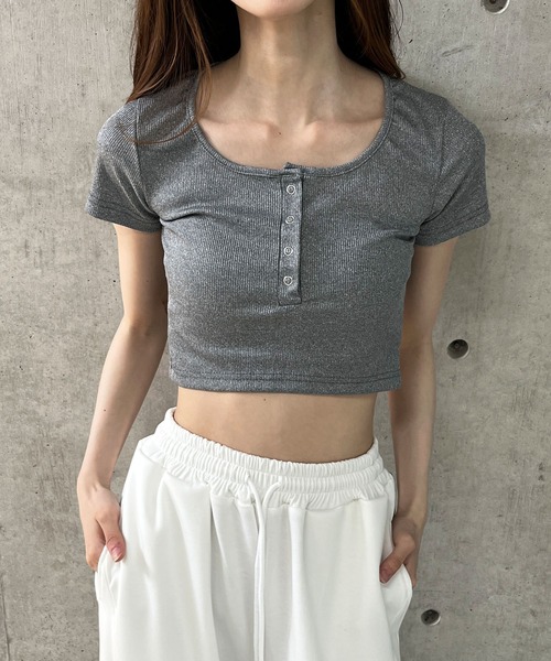 セール】ヘンリーボタンショート丈半袖トップス（Tシャツ