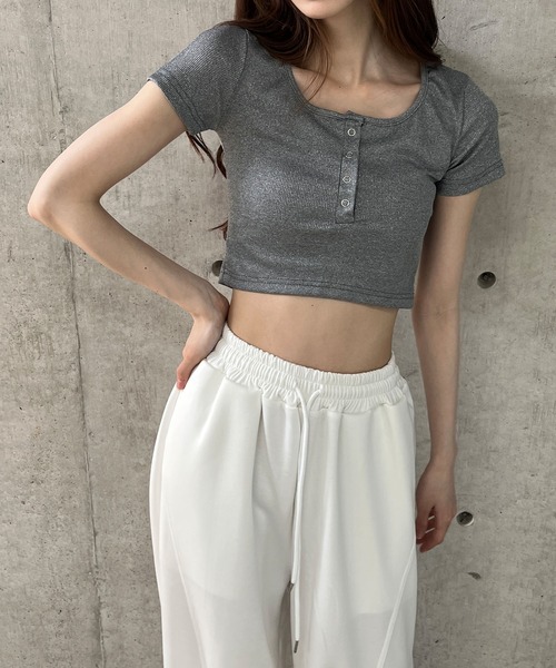 セール】ヘンリーボタンショート丈半袖トップス（Tシャツ/カットソー