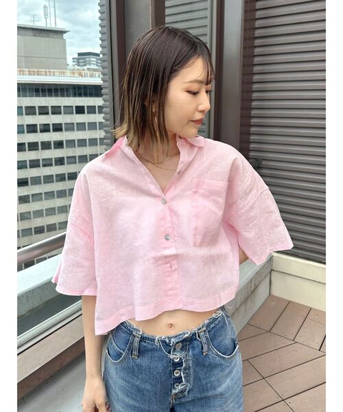 Ungrid(アングリッド)の「リネン混ショートデザインハーフスリーブシャツ(シャツ/ブラウス・レディース・グリーン/オフホワイト/ピンク・FREE)」の9枚目の写真