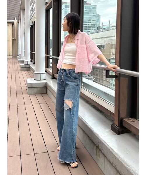 Ungrid(アングリッド)の「リネン混ショートデザインハーフスリーブシャツ(シャツ/ブラウス・レディース・グリーン/オフホワイト/ピンク・FREE)」の11枚目の写真