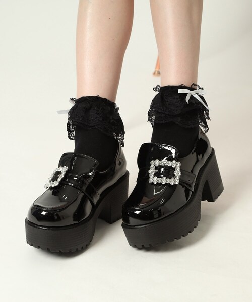 【美品】プルドゥ pour deux 厚底 ローファー ストラップ付 ブーティー 美品】プルドゥ pour deux 厚底 ローファー ストラップ付 ブーティー