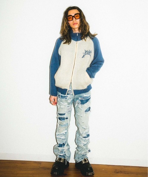 BAD BOY（バッドボーイ）の「ストリートファッション BADBOY バッドボーイ BADBOY MOHAIR TOUCH JACQUARD FULL ZIP KNIT オーバーサイズ ニット セーター 長袖トップス モヘアニット ジップアップ ジップジャケット（ニット/セーター・メンズ・ホワイト×グリーン/ホワイト×ブラック/ホワイト×ブルー・M/L）」の13枚目の写真