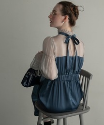 BONLECILL noir | 【BONLECILL noir】配色シアー切替キャンディースリーブ サテンペンシルドレス(ドレス)