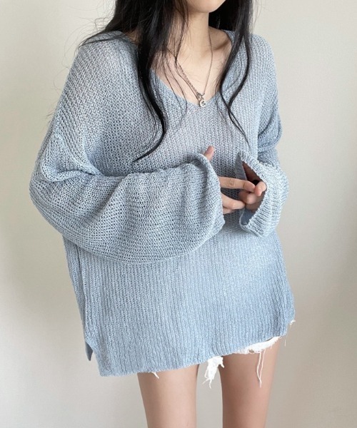 N.s(エヌドットエス)の「Vネックシアーニットプルオーバー(Tシャツ/カットソー・レディース・グリーン/ブラック/ホワイト/ブルー/ベージュ/ピンク・FREE)」の8枚目の写真