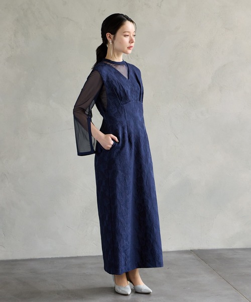 チュールブラウス付きジャカードIラインパーティードレス 20代 30代 40