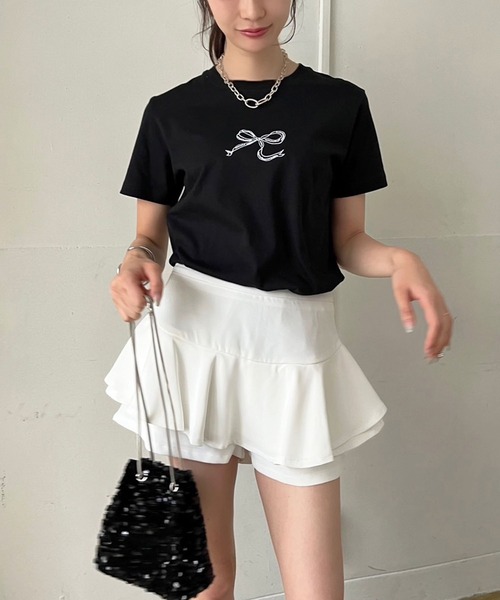 Jewelobe(ジュエローブ)の「リボンプリントルーズTシャツ(Tシャツ/カットソー・レディース・ブラック/ホワイト・FREE)」の10枚目の写真
