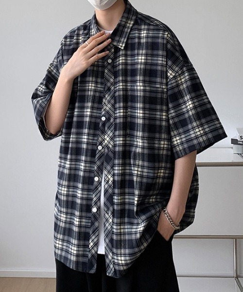 MAGALI マガ■コットン バンドカラー 半袖ブラウス シャドウチェック バンドカラーシャツ レディース チェック柄 ちょっとした柄物