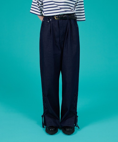 BACK POCKET EMBROIDERY SHIRRING DENIM PANTS / バッグポケット