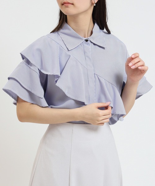 ドゥロワー フリル アシンメトリー シャツ ブルー ブラウス シャツ asymmetry frill shirt/アシンメトリーフリル