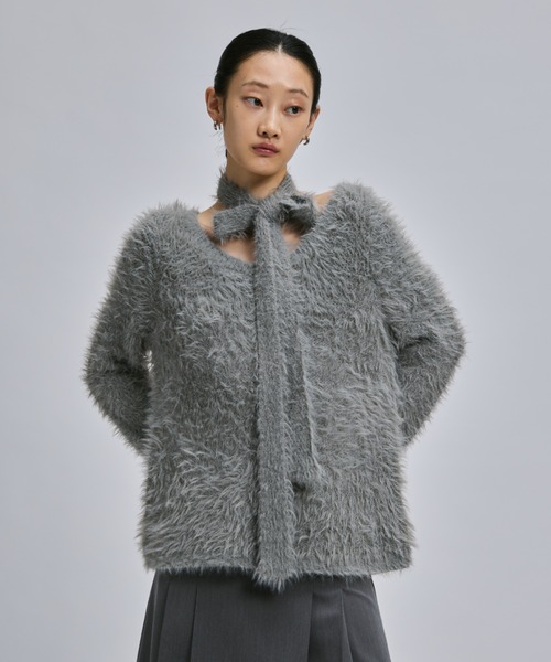 SLIM MUFFLER & V-NECK SHAGGY KNIT / スリムマフラー付きVネック