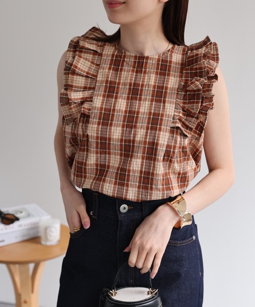 セール】タータンチェック 肩フリル ノースリブラウス/レトロチェック