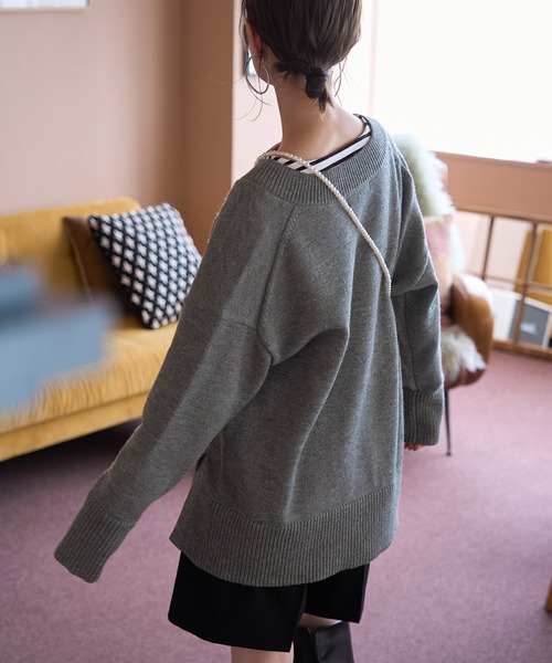 ROPE' PICNIC（ロペピクニック）の「【WEB限定】ミドルゲージVネックニットプルオーバー/帯電防止・洗濯機OK（ニット/セーター・レディース・チャコールグレー/ベージュ/ピンク・38）」の8枚目の写真