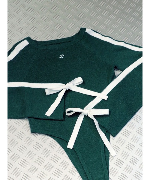 jouetie(ジュエティ)の「リボンラインニットボディスーツ(ニット/セーター・レディース・グリーン/オフホワイト/ブラック・MEDIUM)」の3枚目の写真