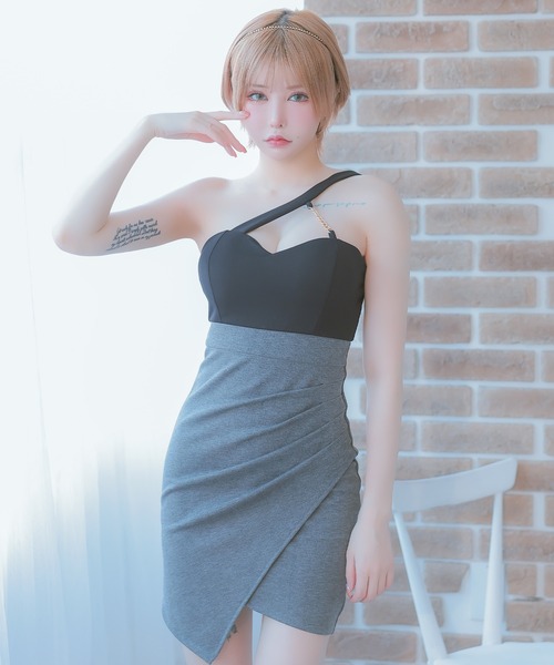 ワンショルダーキャバドレス Tika ドレス キャバドレス ジッパー×チョーカーワンショルダー