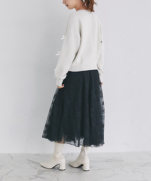 tocco closet(トッコ クローゼット)の「メニーリボンきらきらラメ入りフェザーニットカーディガン(カーディガン/ボレロ・レディース・ピンク/オフホワイト/ブルー・M)」の6枚目の写真