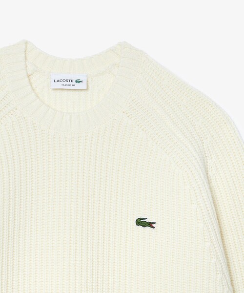 KEIJU着用LACOSTE ホワイト ケーブルニット セーター US L レスポンシブルウールケーブルニットセーター | LACOSTE