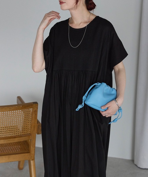 インド綿ピンタックワンピース（ストライプ/無地/インド綿.インドコットン.コットン100%,綿100%）