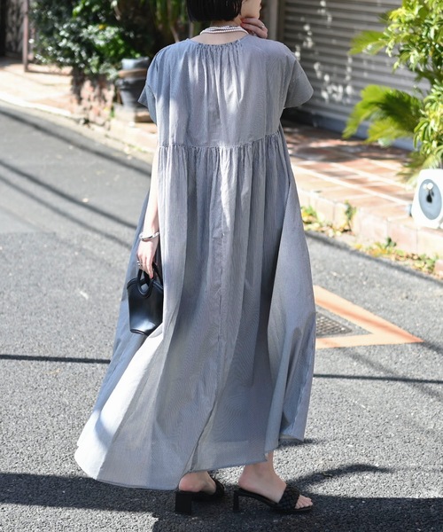 インド綿ピンタックワンピース（ストライプ/無地/インド綿.インドコットン.コットン100%,綿100%）