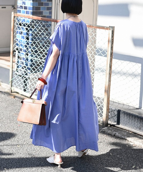 インド綿ピンタックワンピース（ストライプ/無地/インド綿.インドコットン.コットン100%,綿100%）