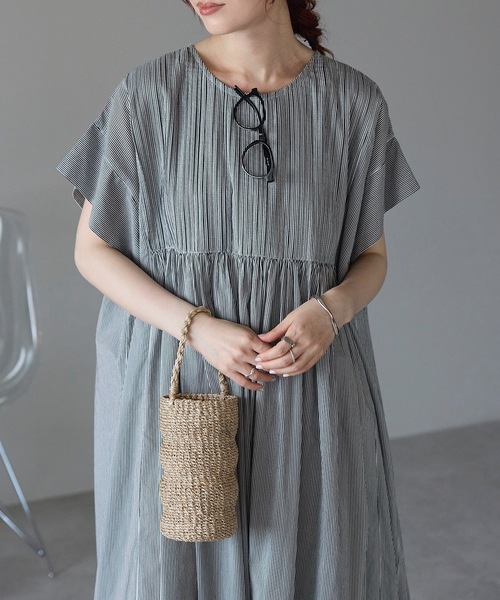 インド綿ピンタックワンピース（ストライプ/無地/インド綿.インドコットン.コットン100%,綿100%）