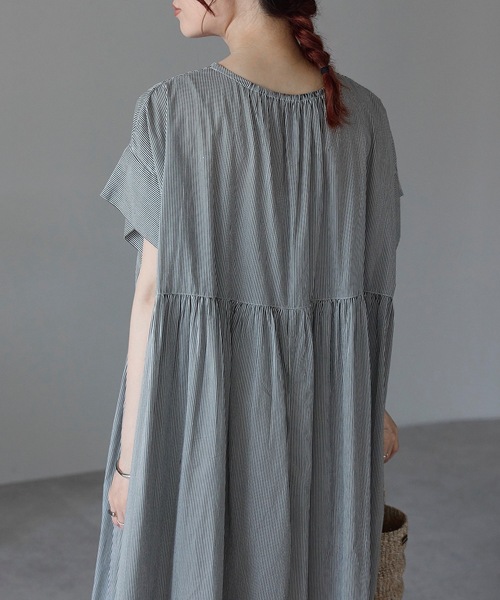 インド綿ピンタックワンピース（ストライプ/無地/インド綿.インドコットン.コットン100%,綿100%）