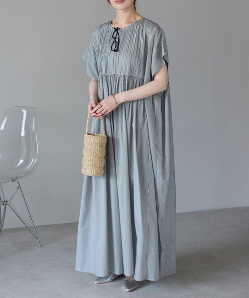 インド綿ピンタックワンピース（ストライプ/無地/インド綿.インドコットン.コットン100%,綿100%）