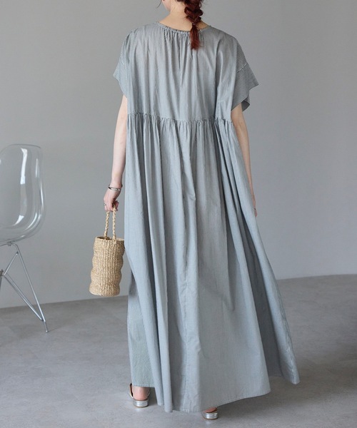 新品✨ACCUSE ノーカラーワンピース　コットン100 ストライプ　ベージュ ロングワンピース .-- IRENA-H （ライトベージュ） -MANGO