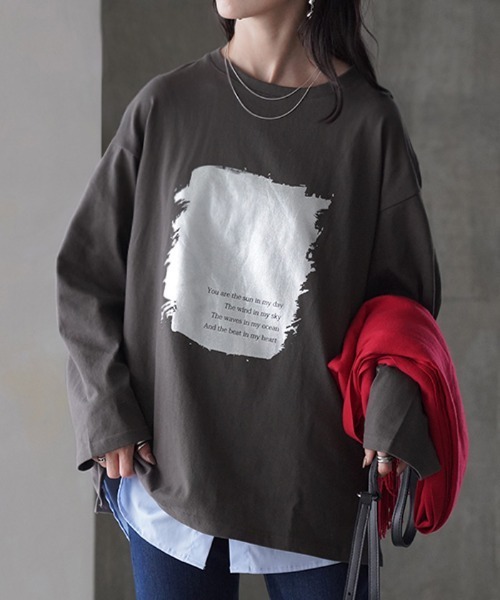 HUG.U(ハグユー)の「シャイニーフロントプリントロンT(Tシャツ/カットソー・レディース・ホワイト/ブラック/ライトベージュ/ダークグレー・FREE)」の3枚目の写真