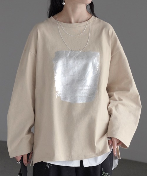 HUG.U(ハグユー)の「シャイニーフロントプリントロンT(Tシャツ/カットソー・レディース・ホワイト/ブラック/ライトベージュ/ダークグレー・FREE)」の6枚目の写真