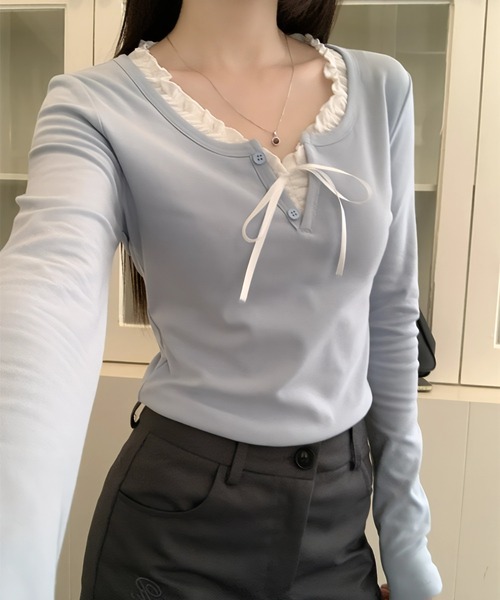 paravion（パラビオン）の「フリルレイヤードリボンカットソー（Tシャツ/カットソー・レディース・ネイビー/ホワイト/ライトブルー・LARGE/MEDIUM/SMALL）」の3枚目の写真