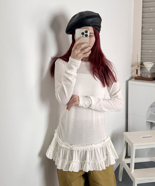 【超新作】 / スリムロングT セール】裾フリル Ruffled T long slim hem トップス