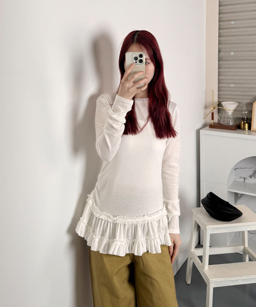 ビビッドレディ VIVIDLADY 裾フリル 半袖Tシャツ スリムフィット （グレー） ビビッドレディ VIVIDLADY 裾フリル 半袖Tシャツ スリムフィット
