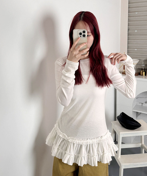 セール】裾フリル スリムロングT / Ruffled hem slim long T