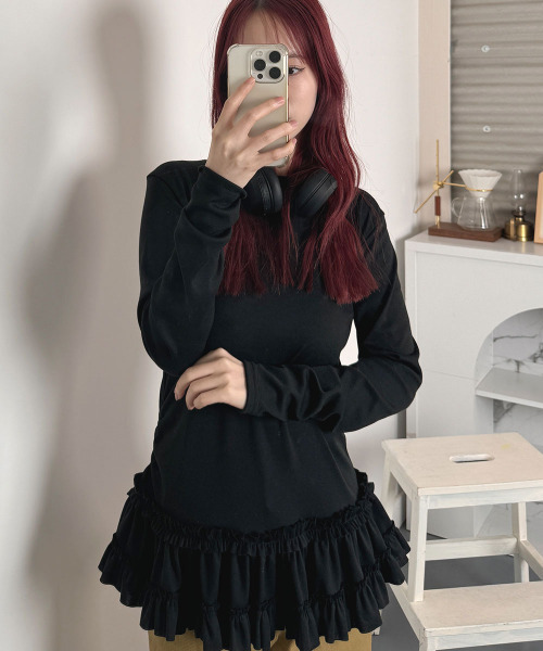 T出品 セール】裾フリル スリムロングT / Ruffled hem slim long T