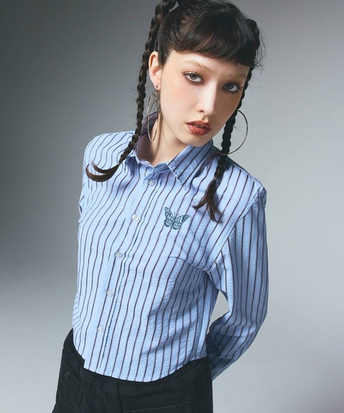 ブラウス シャツ BUTTERFLY STRIPE L/S SHIRT レディース BUTTERFLY STRIPE L/S SHIRT（シャツ/ブラウス）｜X-girl