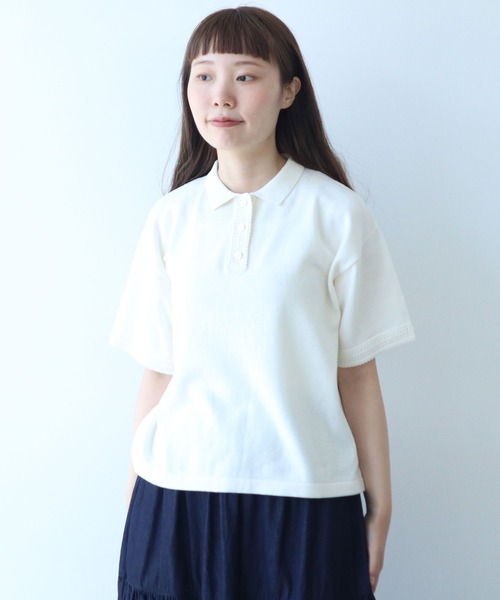 bulle de savon(ビュルデサボン)の「コットン/ニット レース ポロプルオーバー(ニット/セーター・レディース・カーキ/ブルー/ホワイト・FREE)」の2枚目の写真