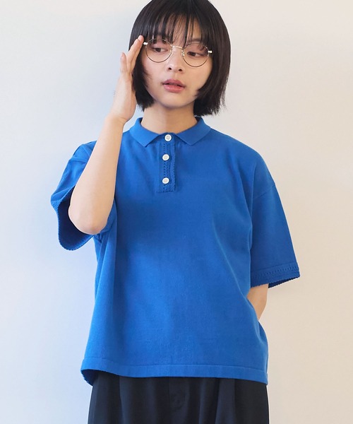 bulle de savon(ビュルデサボン)の「コットン/ニット レース ポロプルオーバー(ニット/セーター・レディース・カーキ/ブルー/ホワイト・FREE)」の1枚目の写真