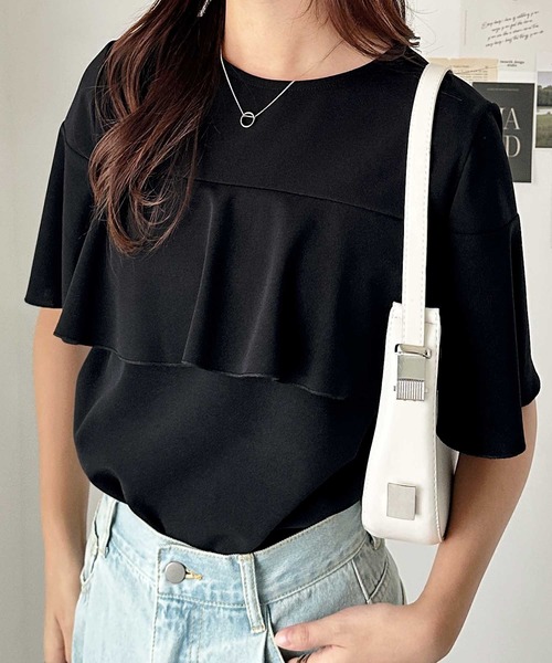 GeeRA（ジーラ）の「夏にぴったり！ひんやり接触冷感ラッフルフリルフレアースリーブＴブラウス（シャツ/ブラウス・レディース・サンドグレー/オフホワイト/ブルー/ブラック・XX-LARGE/LARGE/X-LARGE/MEDIUM）」の9枚目の写真