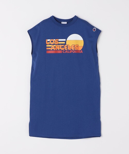 Champion(チャンピオン)の「Champion: ロゴ プリント ワンピース <KIDS>(ワンピース・キッズ・ナチュラル/ブルー・110/130/150)」の4枚目の写真