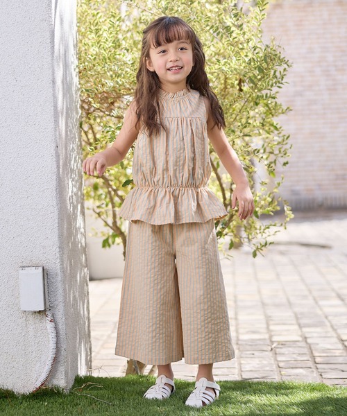 Piet（ピエット）の「ティアードブラウス ストライプ セットアップ（セットアップ・キッズ・ピンク/オレンジ・100/110/120/130）」の4枚目の写真